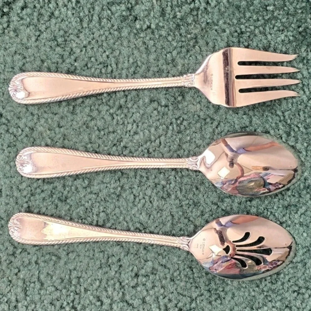 Lenox Tudor Bead Serving 3pc‎ set Fork Spoon Pierced Spoon 18/10 Stainless Steel